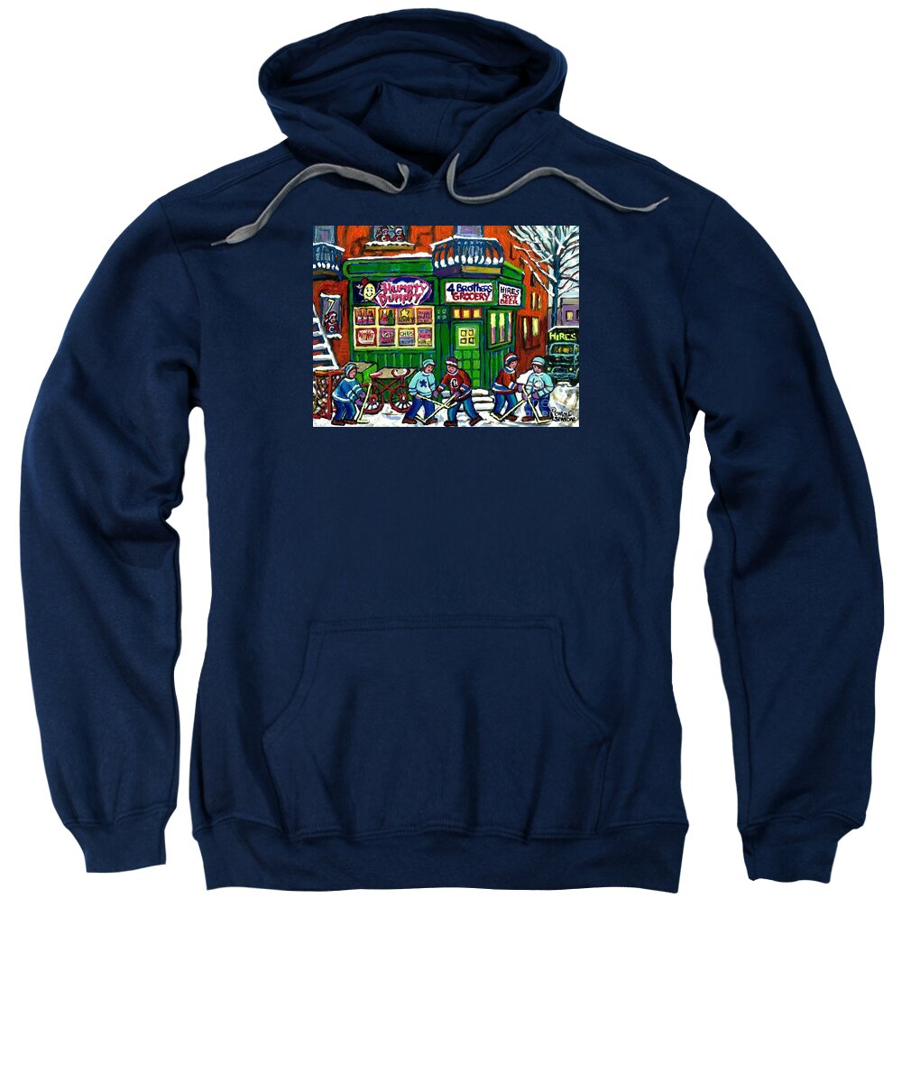 Montreal Sweatshirt featuring the painting Corner Store Paintings Vintage Grocery Humpty Dumpty 4 Brothers Hires Root Beer Truck Canadian Art by Carole Spandau