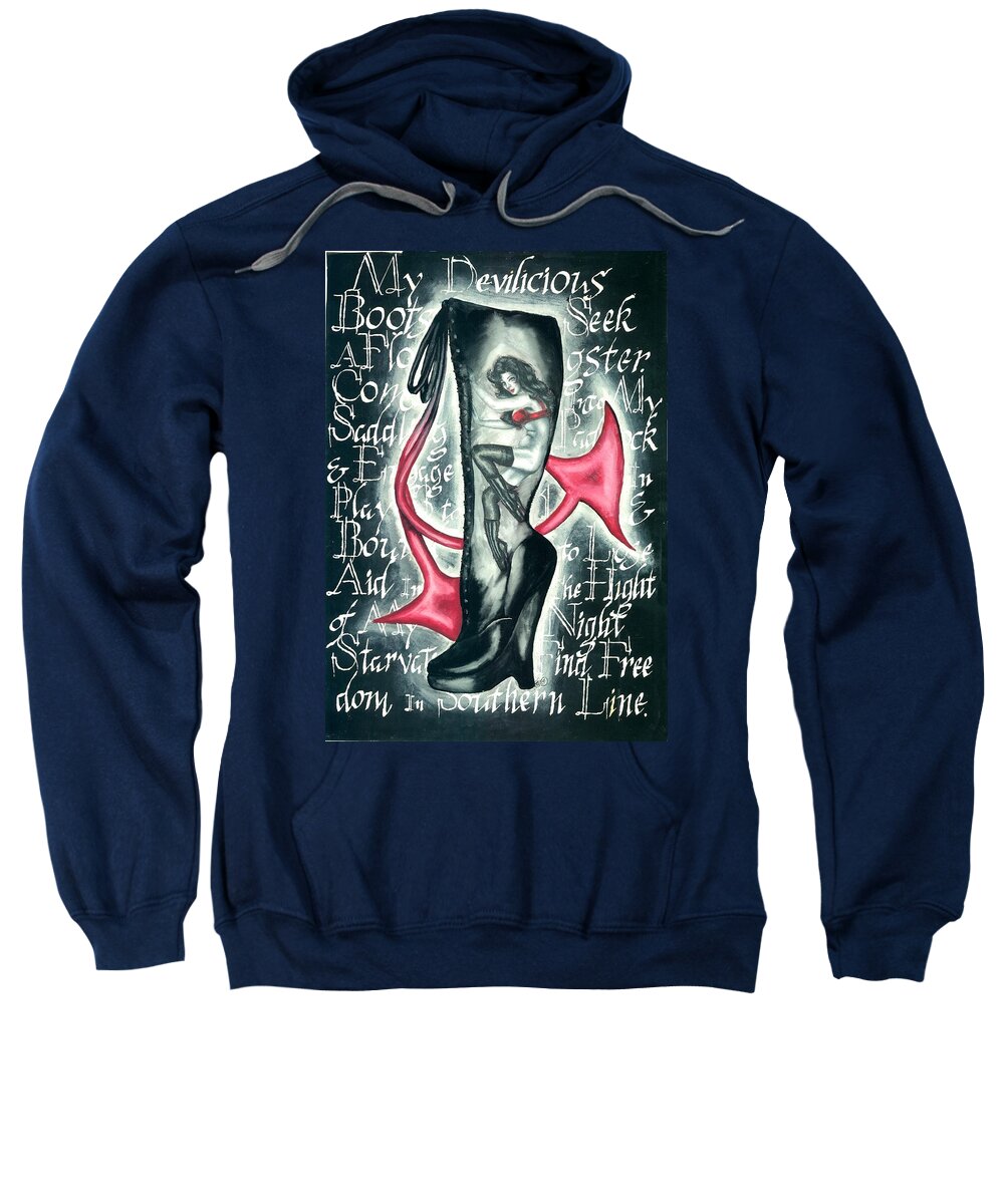 Erotic Sweatshirt featuring the drawing Devilicious Boot by Scarlett Royale