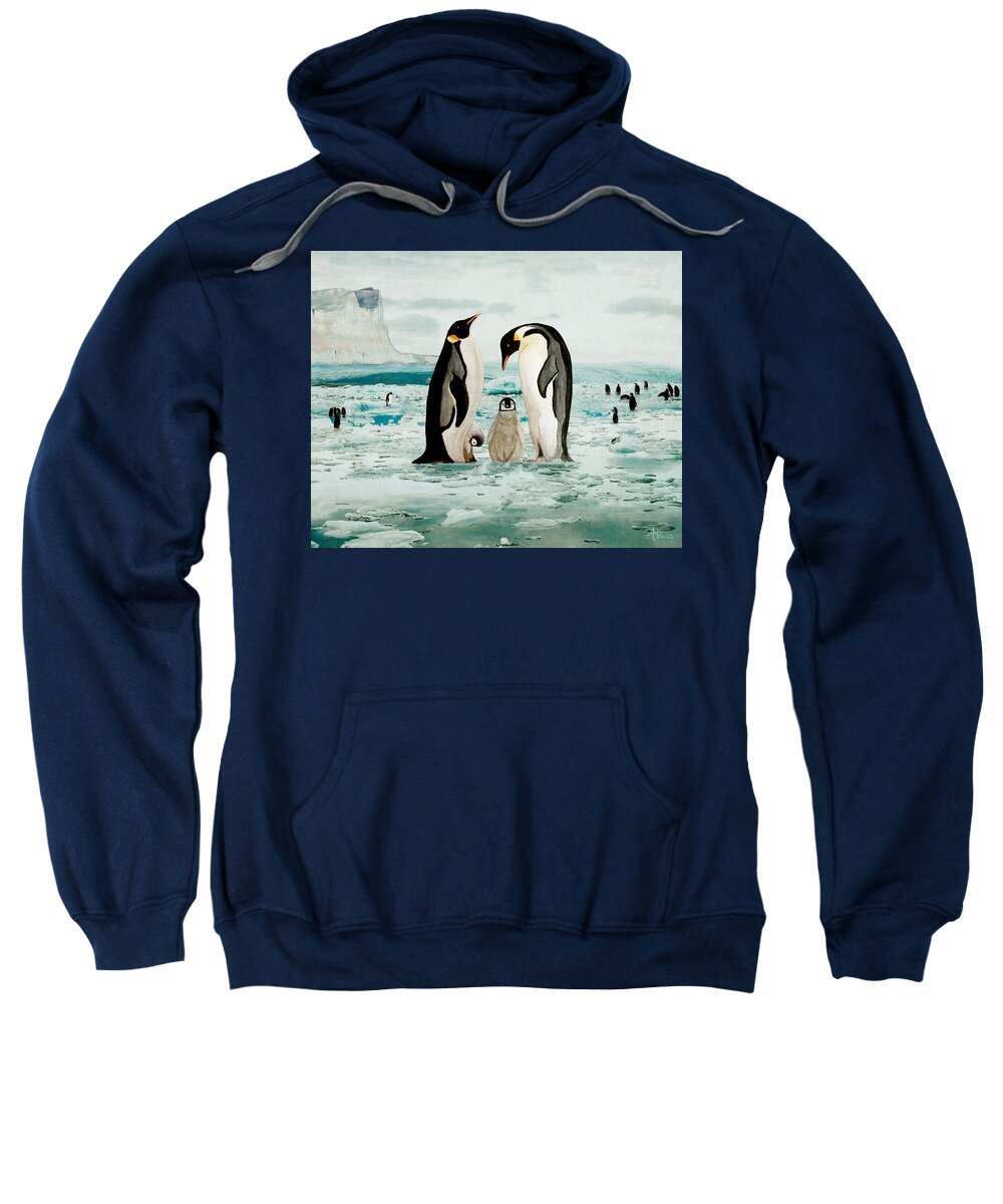Emperor Penguin Sweatshirt featuring the painting Emperor Penguin Family by Angeles M Pomata