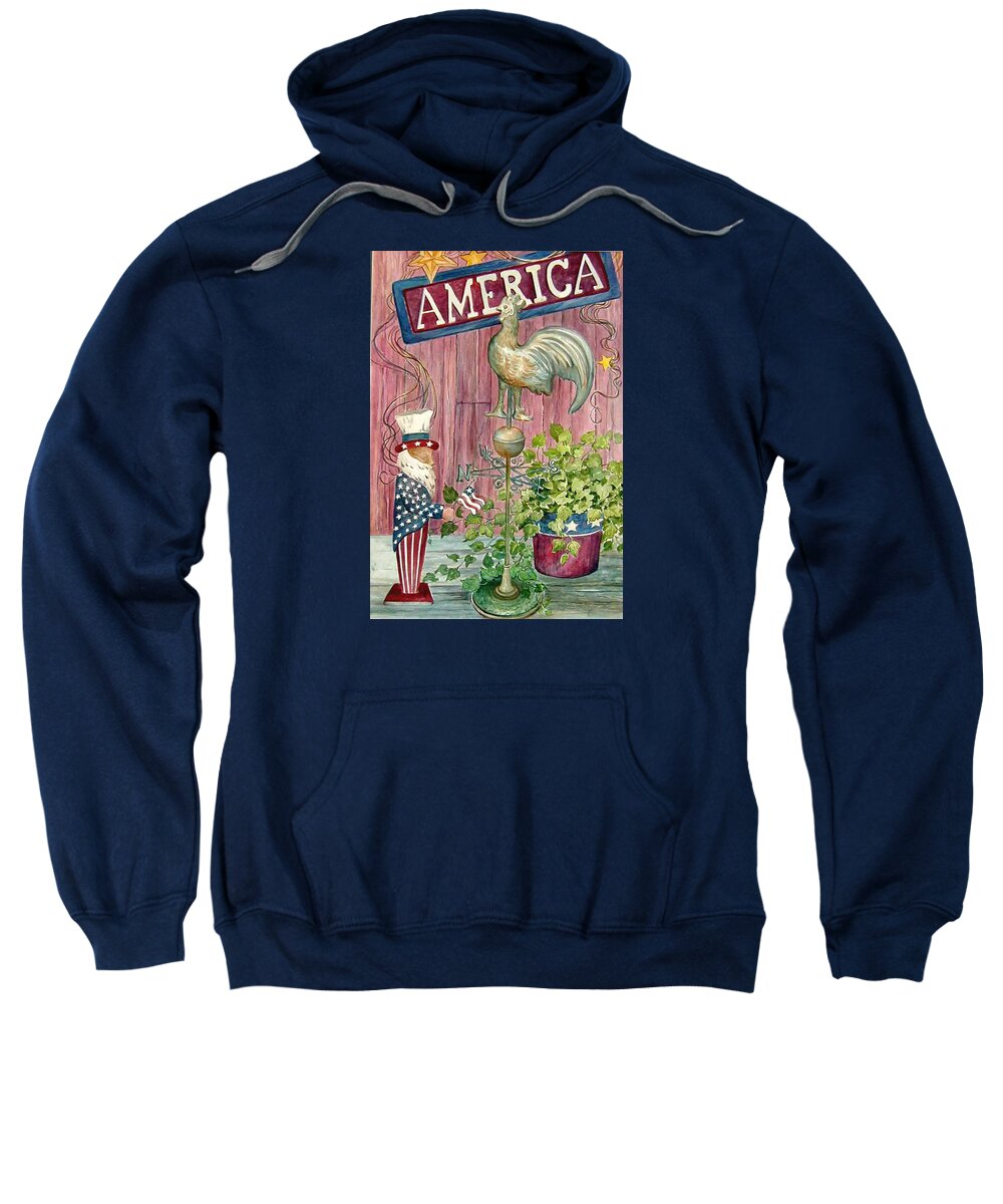 Americana;uncle Sam;america;copper Rooster;ivy;stars;barn Siding; Weathervane; Sweatshirt featuring the painting God Bless America by Lois Mountz