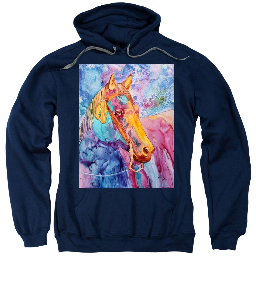 Horse Sweatshirt featuring the painting Horse of Many Colors by Nancy Jolley