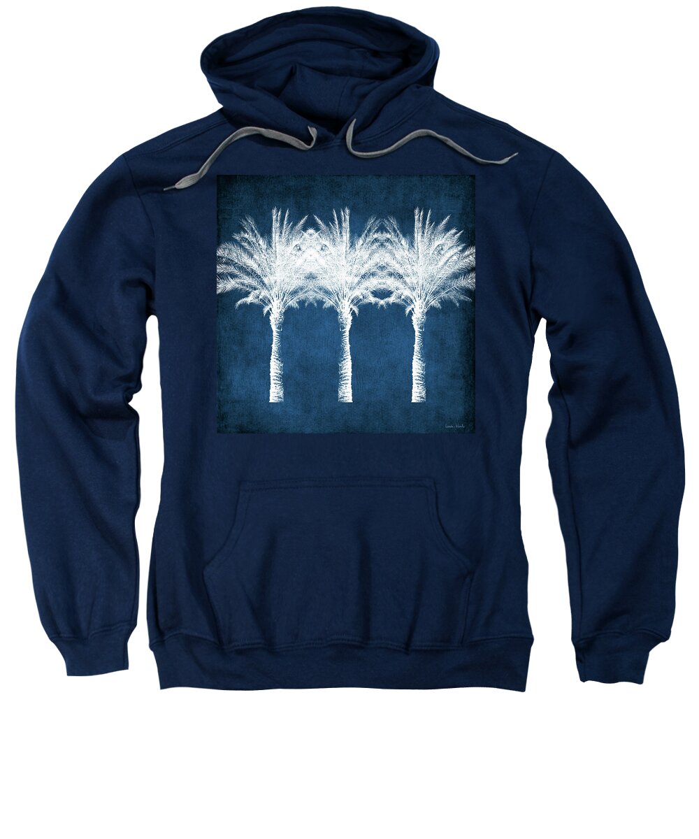 Palm Tree Sweatshirt featuring the mixed media Indigo And White Palm Trees- Art by Linda Woods by Linda Woods