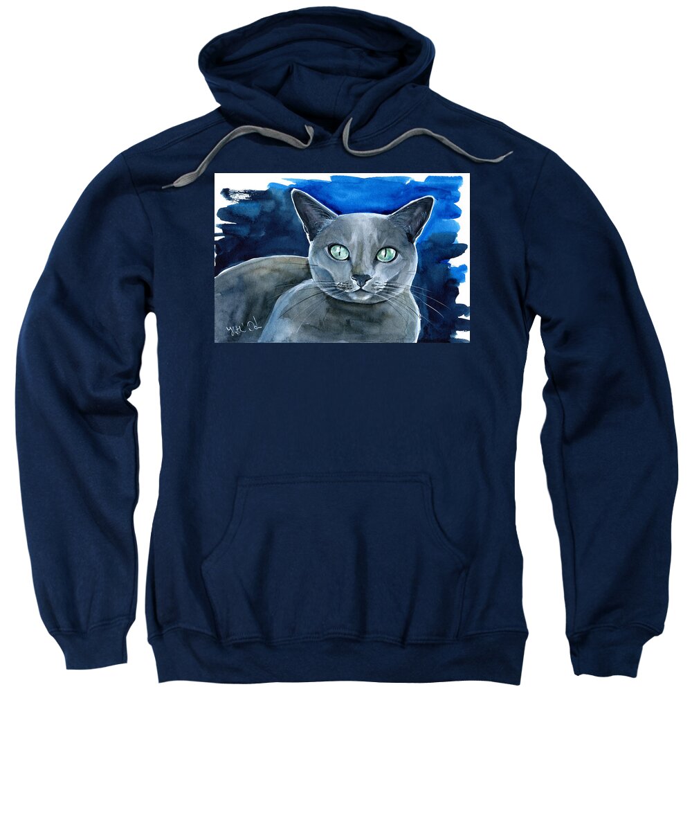 Russian Blue Sweatshirt featuring the painting Jackpot - Russian Blue Cat Painting by Dora Hathazi Mendes
