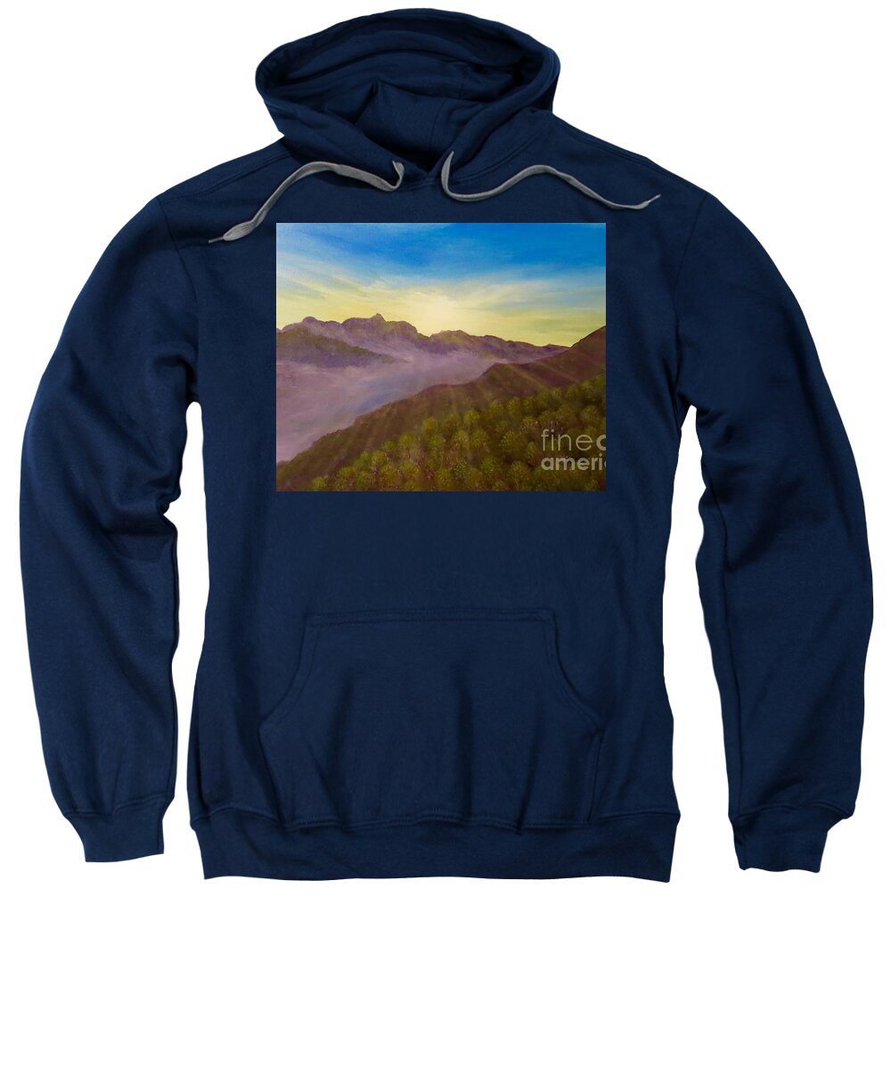 Panaromic View Sunrise Morning Superior View Mountains Evergreen Trees Mist Valley Bright Morning Sun Burst Of Light Sunrise Painting Mountain Nature Scene Acrylics Sweatshirt featuring the painting Majestic Morning Sunrise by Kimberlee Baxter