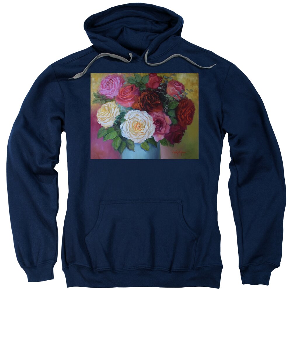 Mixed Roses Bouquet Sweatshirt featuring the painting Mixed Roses In Turquoise Vase by Cheri Wollenberg