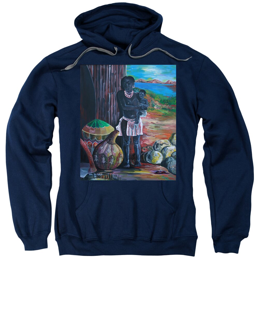 Mother And Child 2 Sweatshirt featuring the painting Mother and Child 2 by Obi-Tabot Tabe