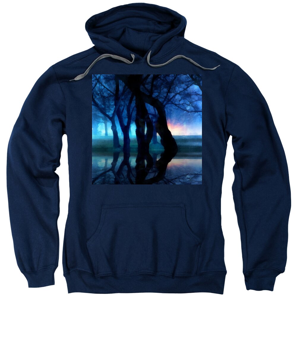 Fog Night Glowing Glow Trees City Park Creepy Dark Evening Silhouette Branches Reflections Sweatshirt featuring the digital art Night Fog in a City Park by Frances Miller