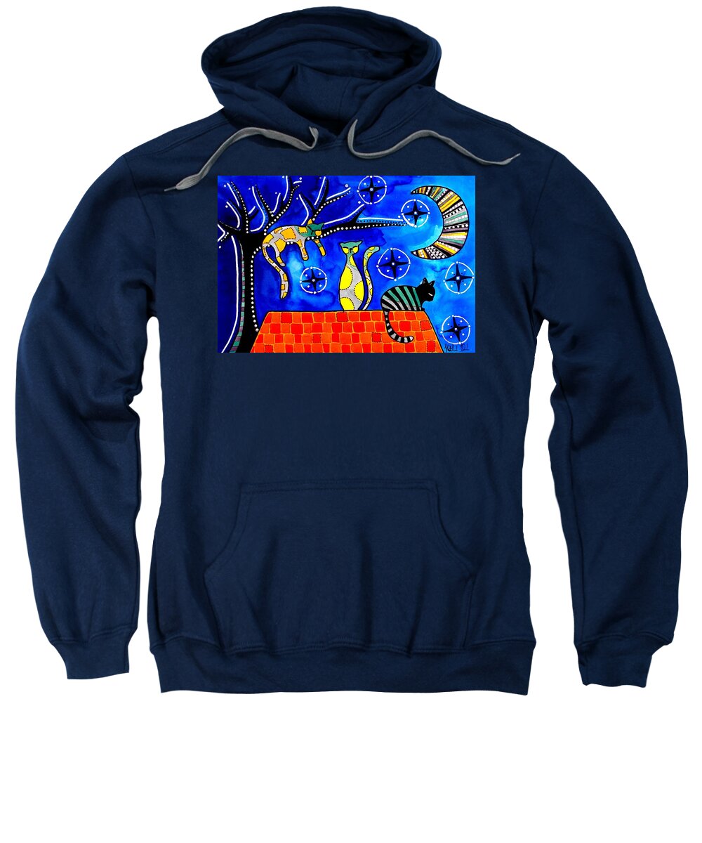 Cat Sweatshirt featuring the painting Night Shift - Cat Art by Dora Hathazi Mendes by Dora Hathazi Mendes