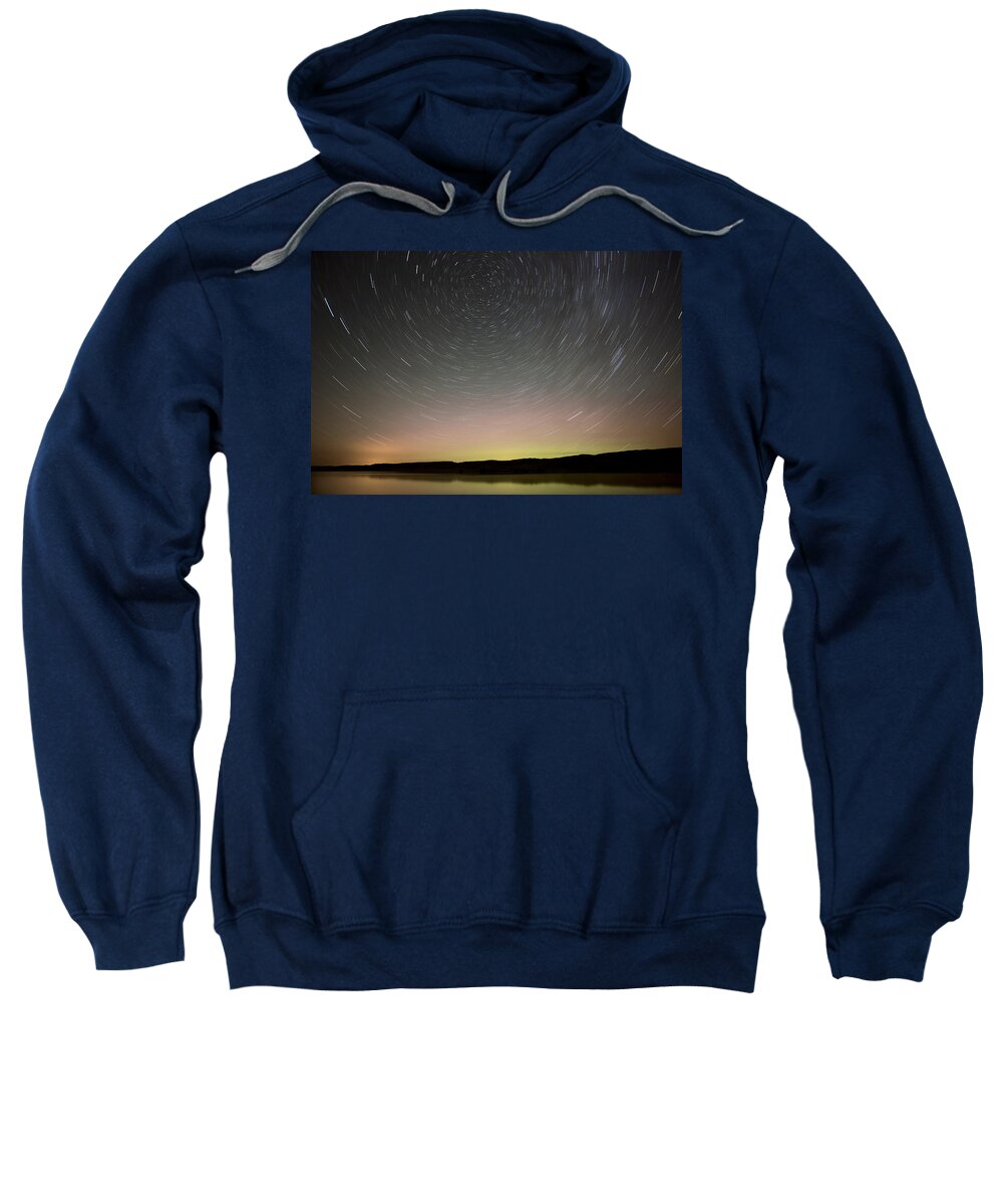 Night Sweatshirt featuring the photograph Night Shot Star Trails lake by Mark Duffy