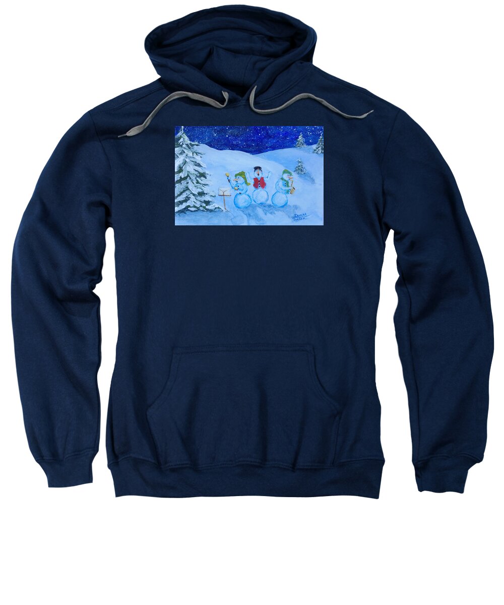 Christmas Sweatshirt featuring the painting Snowie Musicians by Donna Tucker