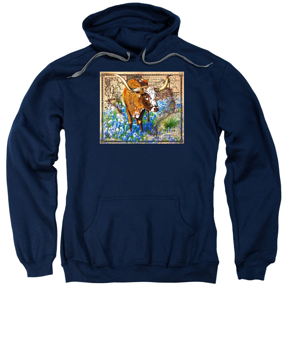 Texas Sweatshirt featuring the painting Texas Longhorn in Bluebonnets by Daniel Adams