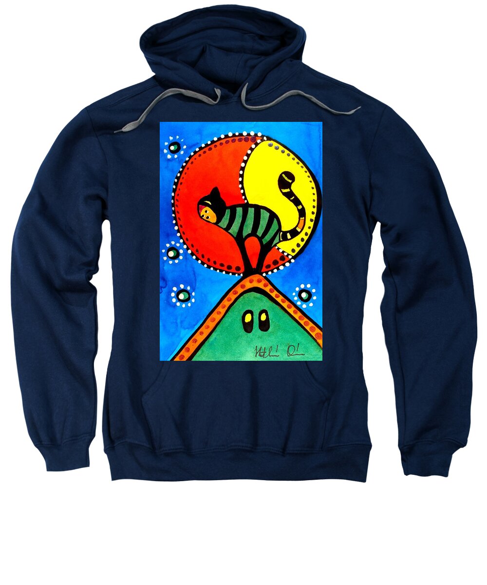For Kids Sweatshirt featuring the painting The Cat and the Moon - Cat Art by Dora Hathazi Mendes by Dora Hathazi Mendes