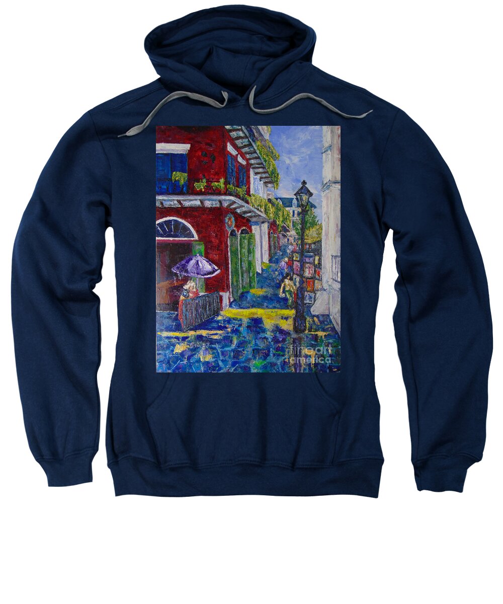 Cityscape Sweatshirt featuring the painting The Purple Umbrella    Pirates Alley by Beverly Boulet