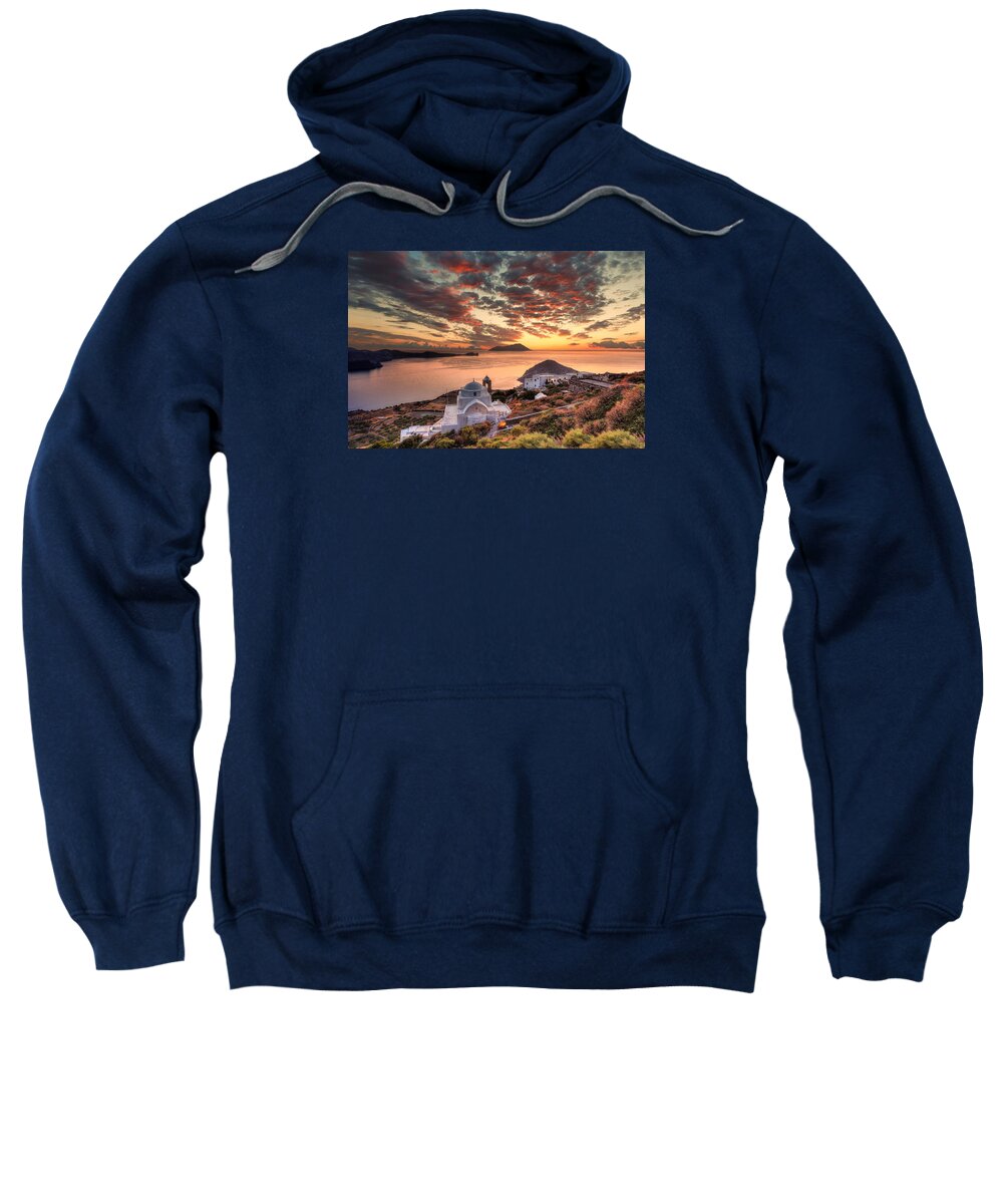 Milos Sweatshirt featuring the photograph The sunset from the castle of Plaka in Milos - Greece by Constantinos Iliopoulos