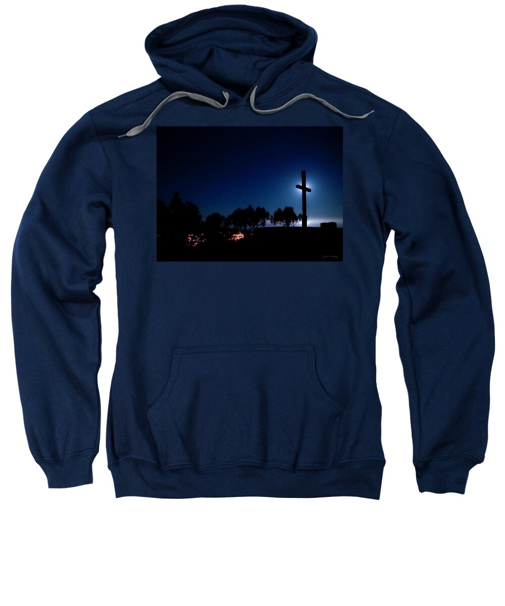 Moonset Sweatshirt featuring the photograph Ventura CA Cross at Moonset by John A Rodriguez