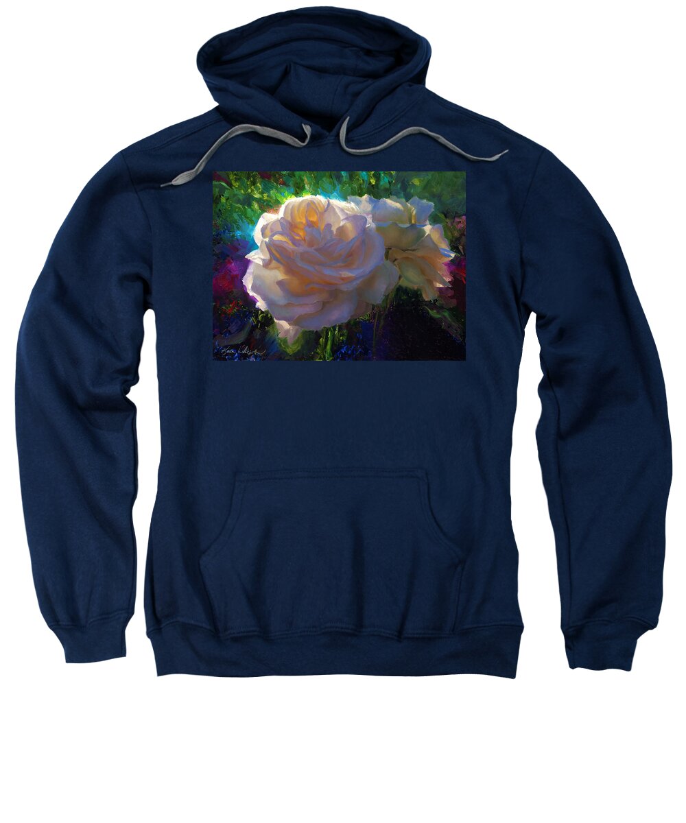 Paintings Of Roses Sweatshirt featuring the painting White Roses in the Garden - Backlit Flowers - Summer Rose by K Whitworth