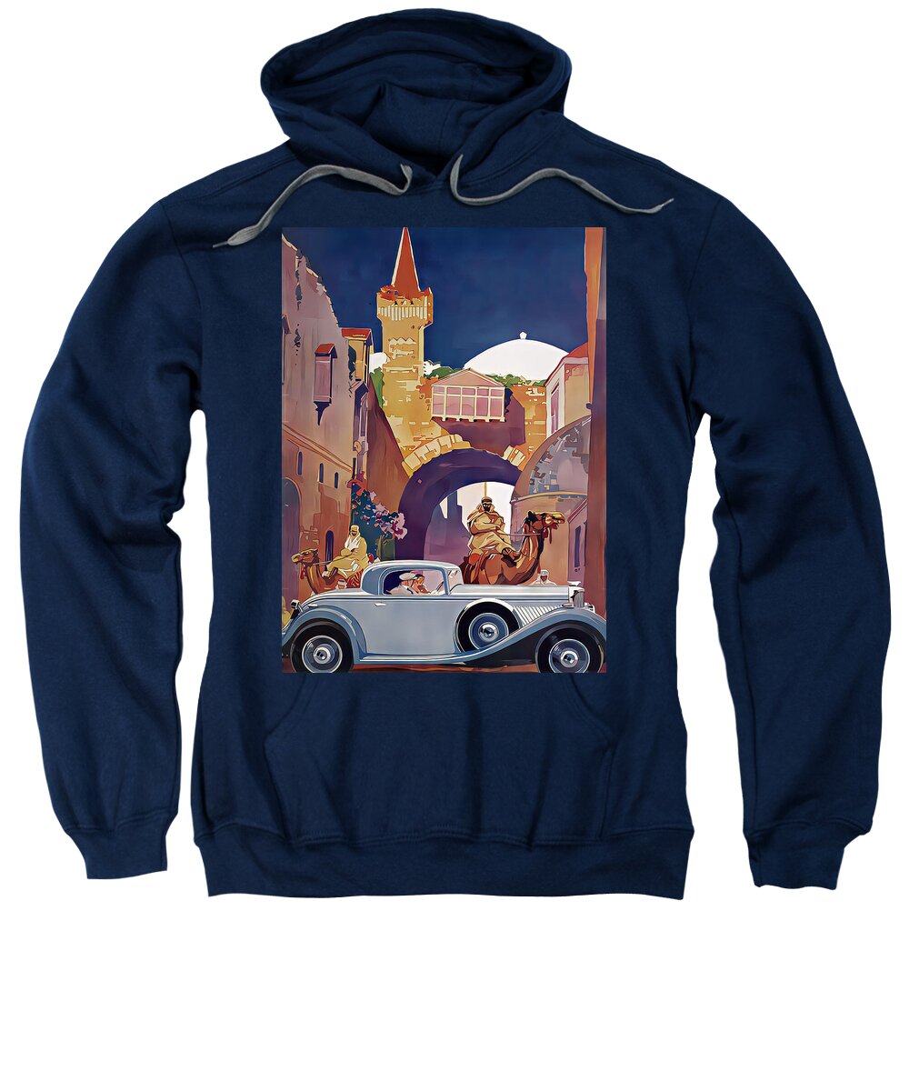 Vintage Sweatshirt featuring the mixed media 1934 Bentley Coupe With Couple In Middle East Town Setting Original French Art Deco Illustration by Retrographs