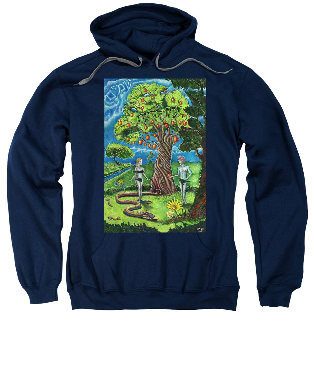 Adam And Eve Sweatshirt featuring the painting Bad and Angelina by Yom Tov Blumenthal