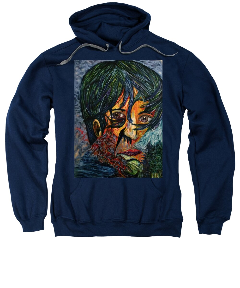 Oil Pastel Sweatshirt featuring the pastel In the Hall of the Mountain King-Portrait of Victor Guerrero by Angela Weddle
