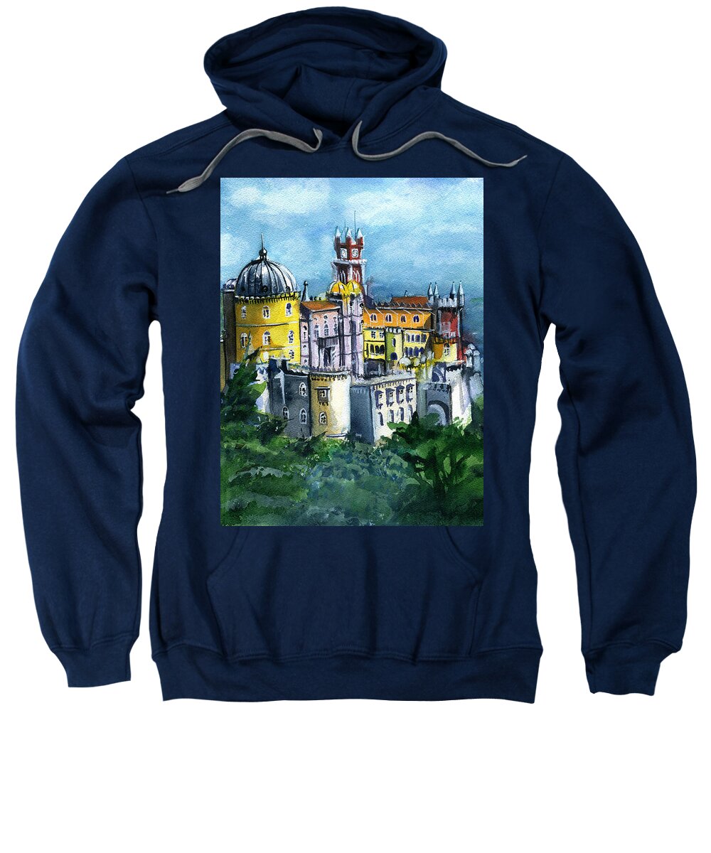 Lisboa Sweatshirt featuring the painting Pena National Palace in Sintra Portugal by Dora Hathazi Mendes