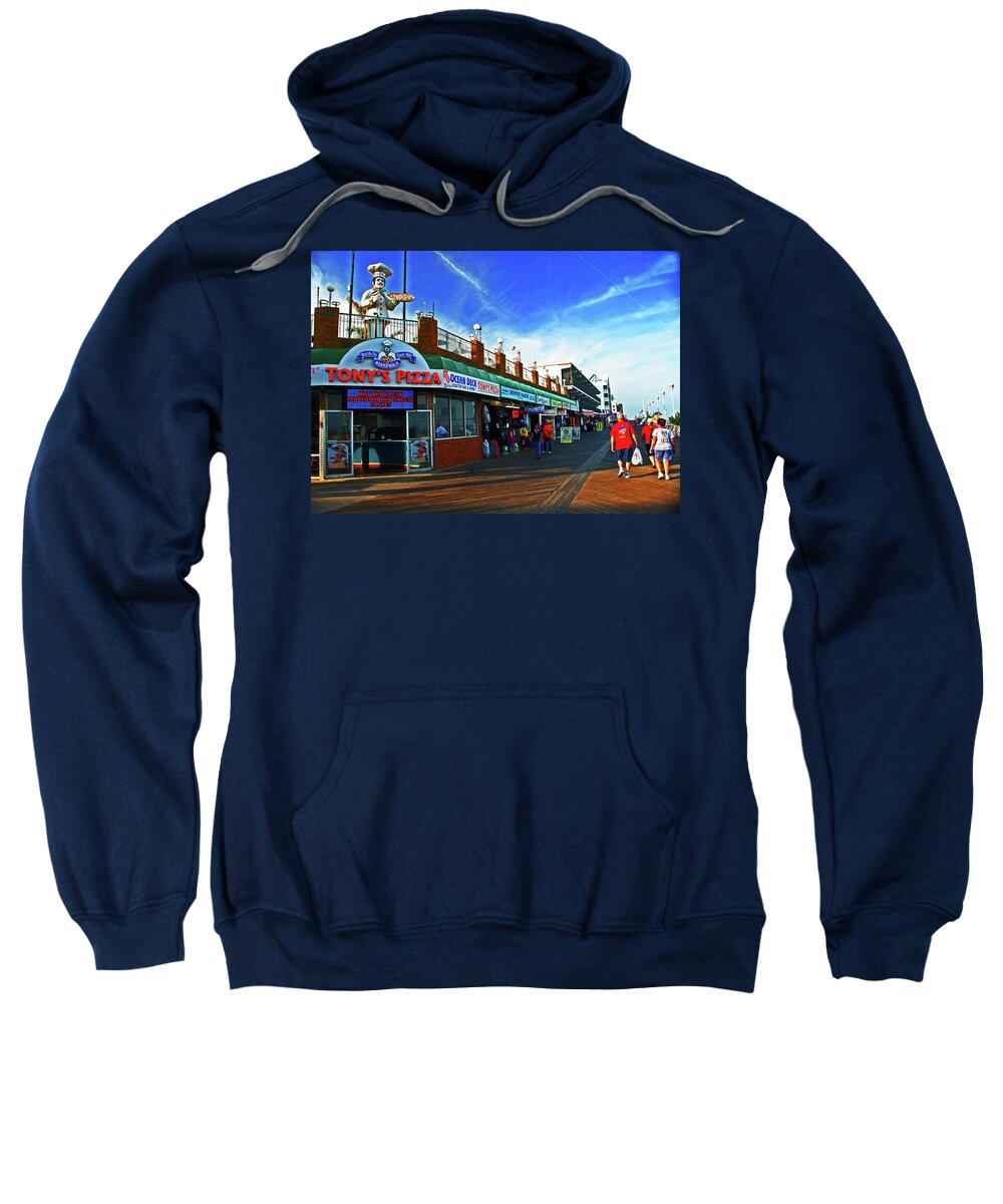 Beach Sweatshirt featuring the photograph Tony's Pizza. Boardwalk in Ocean City, MD by Bill Jonscher