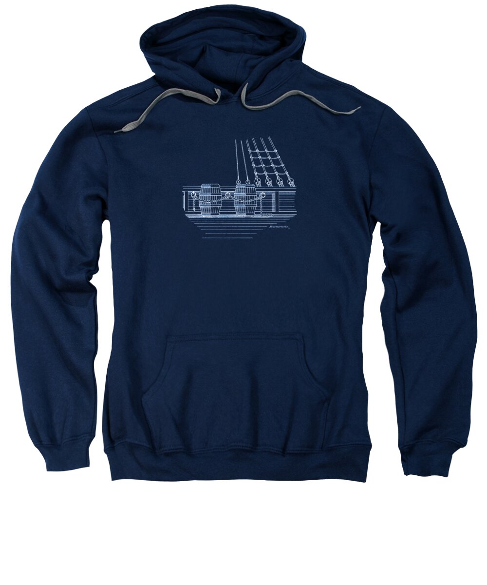 Sailing Vessels Sweatshirt featuring the drawing Rigging lader and water barrels - blueprint by Panagiotis Mastrantonis