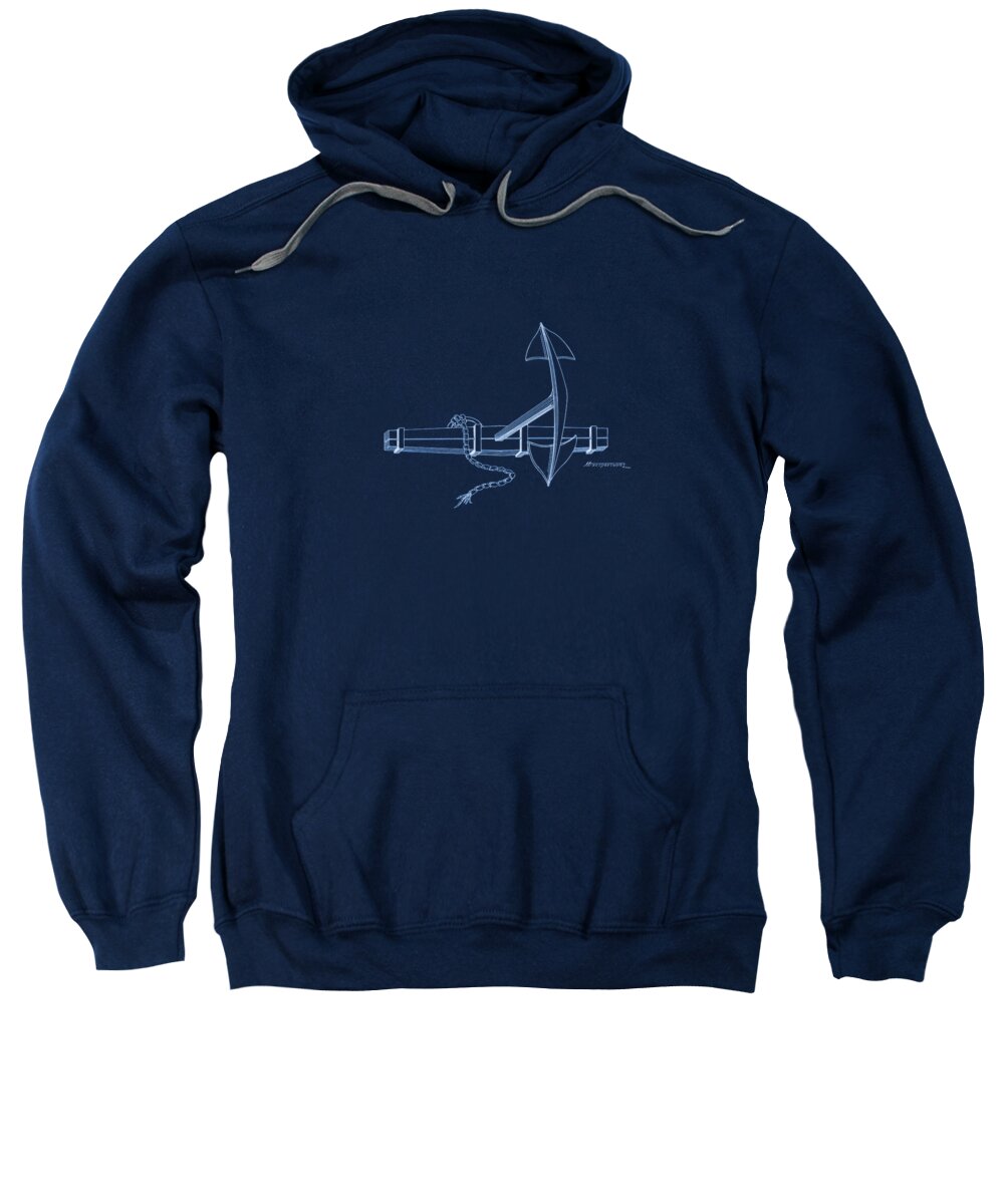 Sailing Vessels Sweatshirt featuring the drawing Anchor with wooden stock - blueprint by Panagiotis Mastrantonis