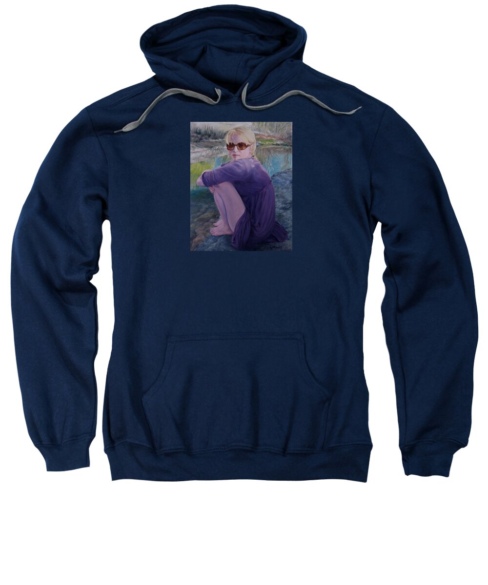 Portrait Sweatshirt featuring the painting By the Quiet Stream by Connie Schaertl
