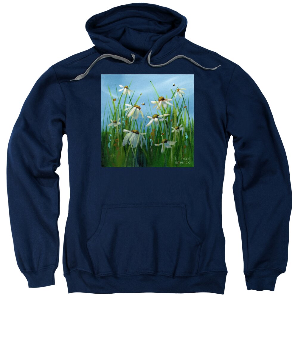 Daisies Sweatshirt featuring the painting Dancing Daisies - with Bumblebee by Annie Troe
