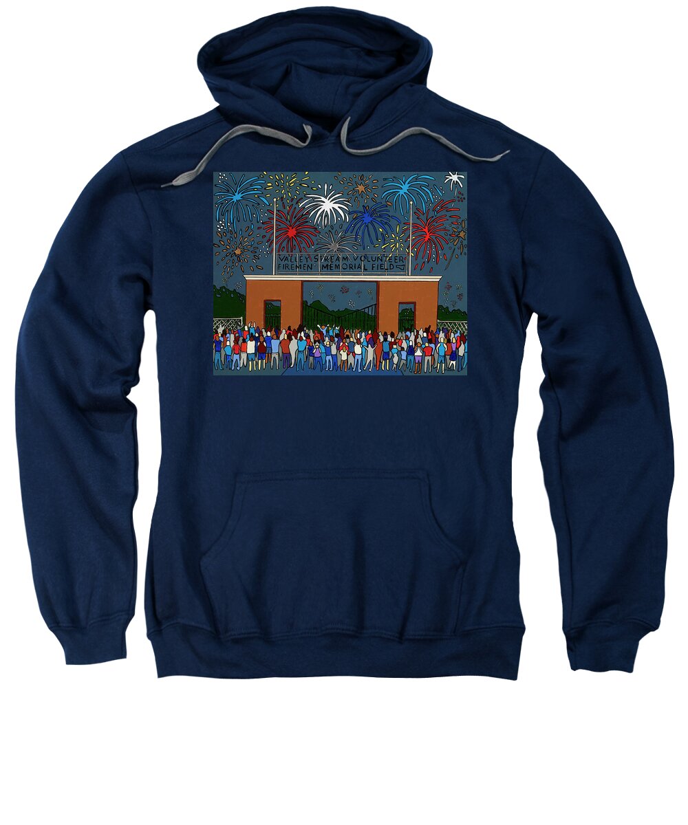 4thof July Independence Day Fireworks Firemen's Field Valleystream Newyork Sweatshirt featuring the painting Fireworks at Firemen's Field by Mike Stanko
