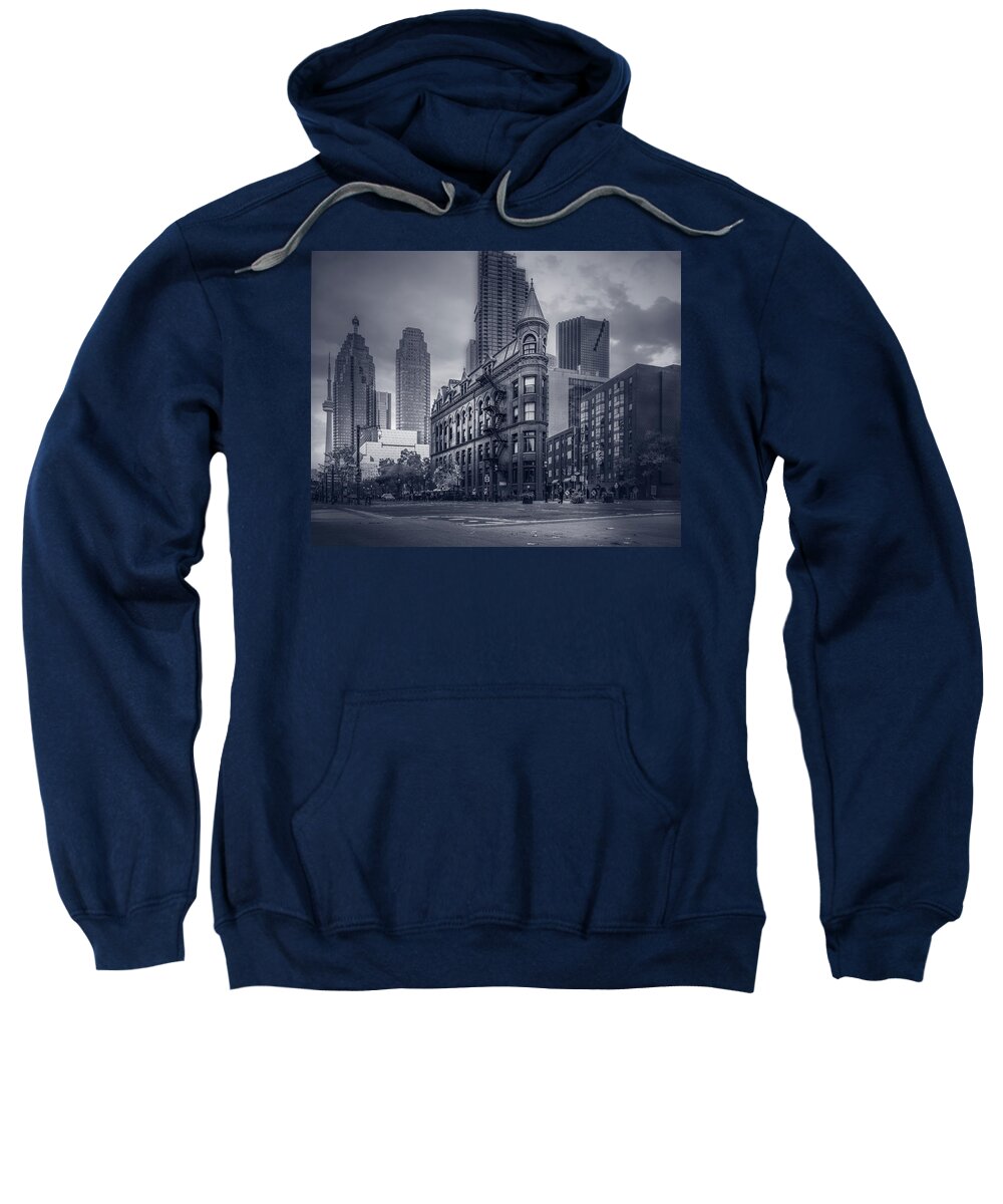 Gooderham Building Sweatshirt featuring the photograph Flatiron Building Toronto - Urban Sunset BW by Dee Potter