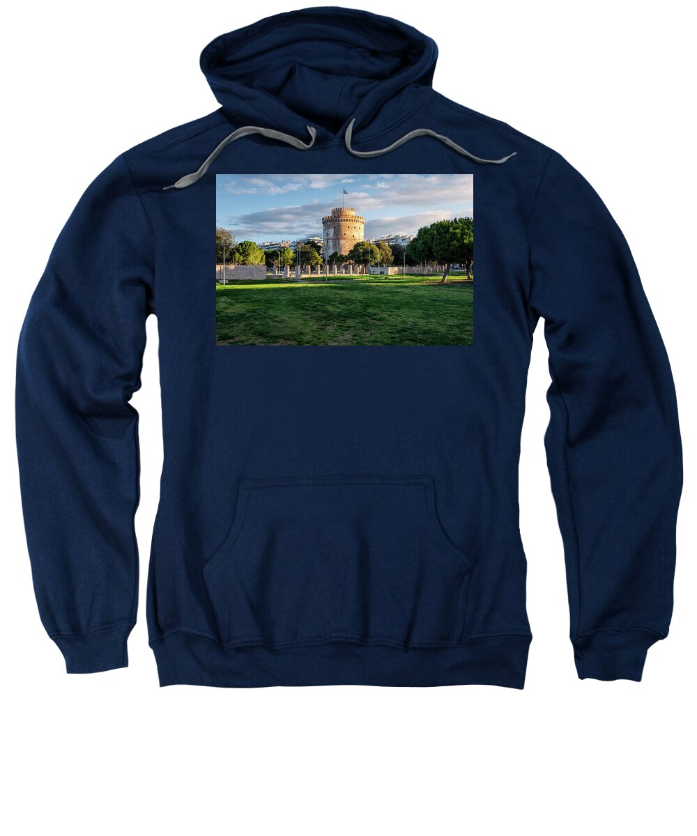 White Tower Sweatshirt featuring the photograph Morning Light on the White Tower of Thessaloniki in Greece by Alexios Ntounas