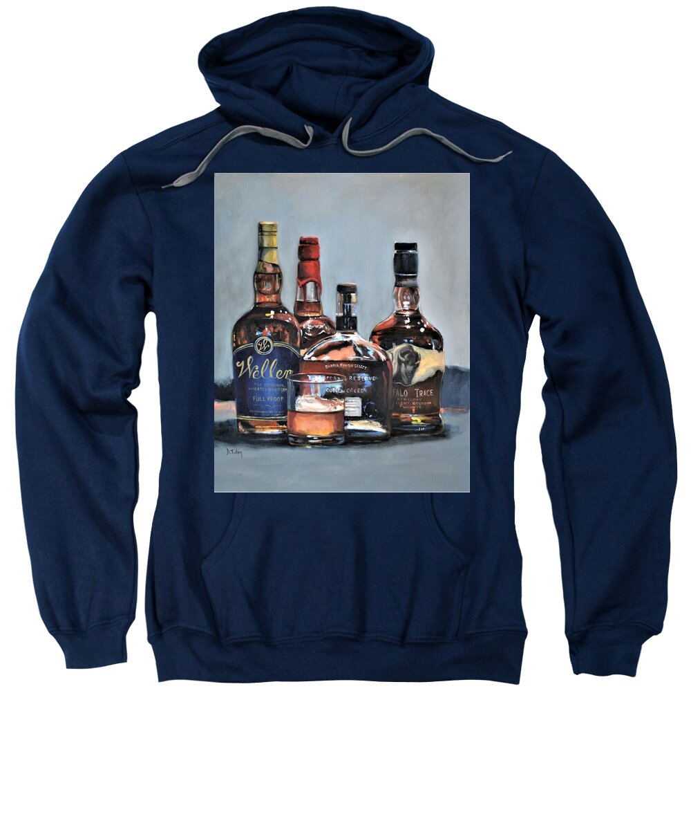 Bourbon Sweatshirt featuring the painting Weller and Friends - Bourbon Bar Painting by Donna Tuten