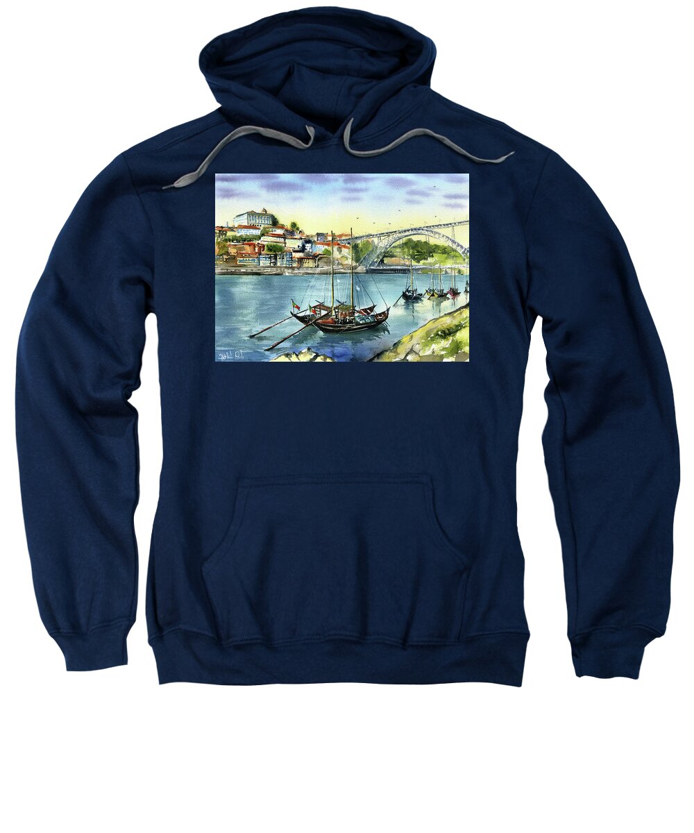 Portugal Sweatshirt featuring the painting Rabelo Boats in Porto by Dora Hathazi Mendes