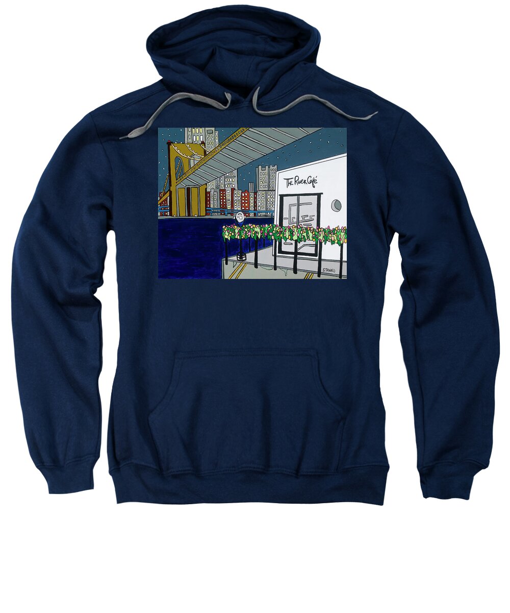 River Cafe Restaurant Brooklyn Sweatshirt featuring the painting River Cafe by Mike Stanko