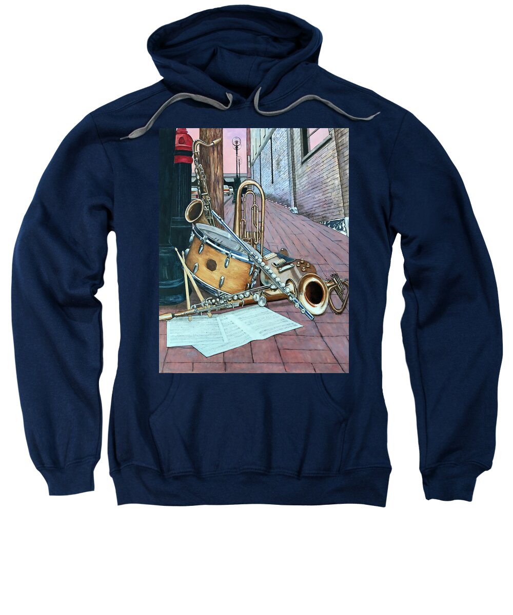 Musical Instruments Sweatshirt featuring the painting Street Corner Symphony by Mr Dill