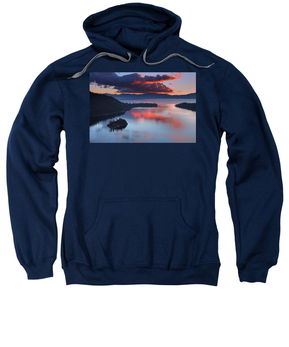 Lake Sweatshirt featuring the photograph Sunrise over Fannette Island and Emerald Bay at Lake Tahoe in California. by Jetson Nguyen