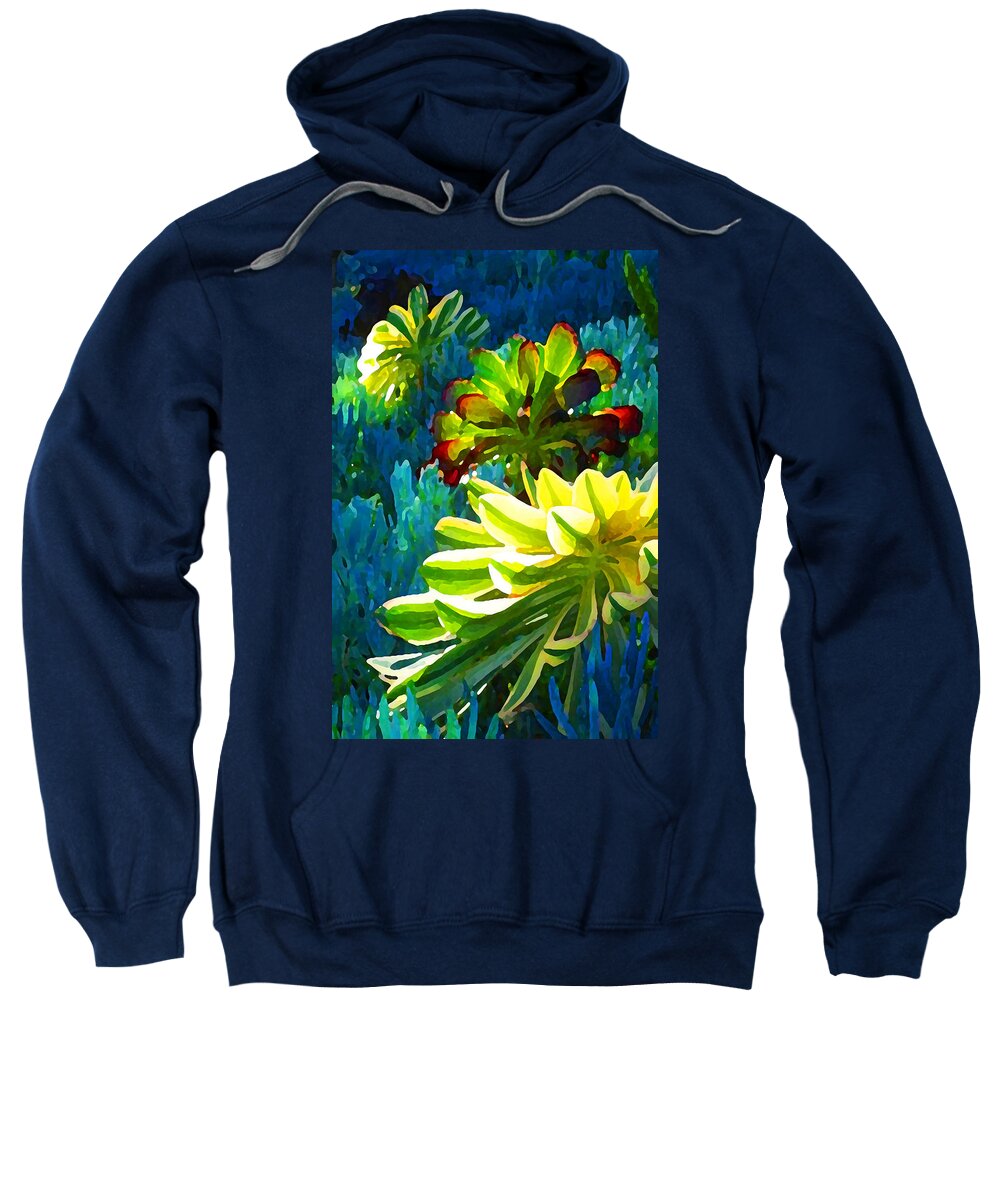 Succulent Sweatshirt featuring the painting Three Succulents on Blue by Amy Vangsgard