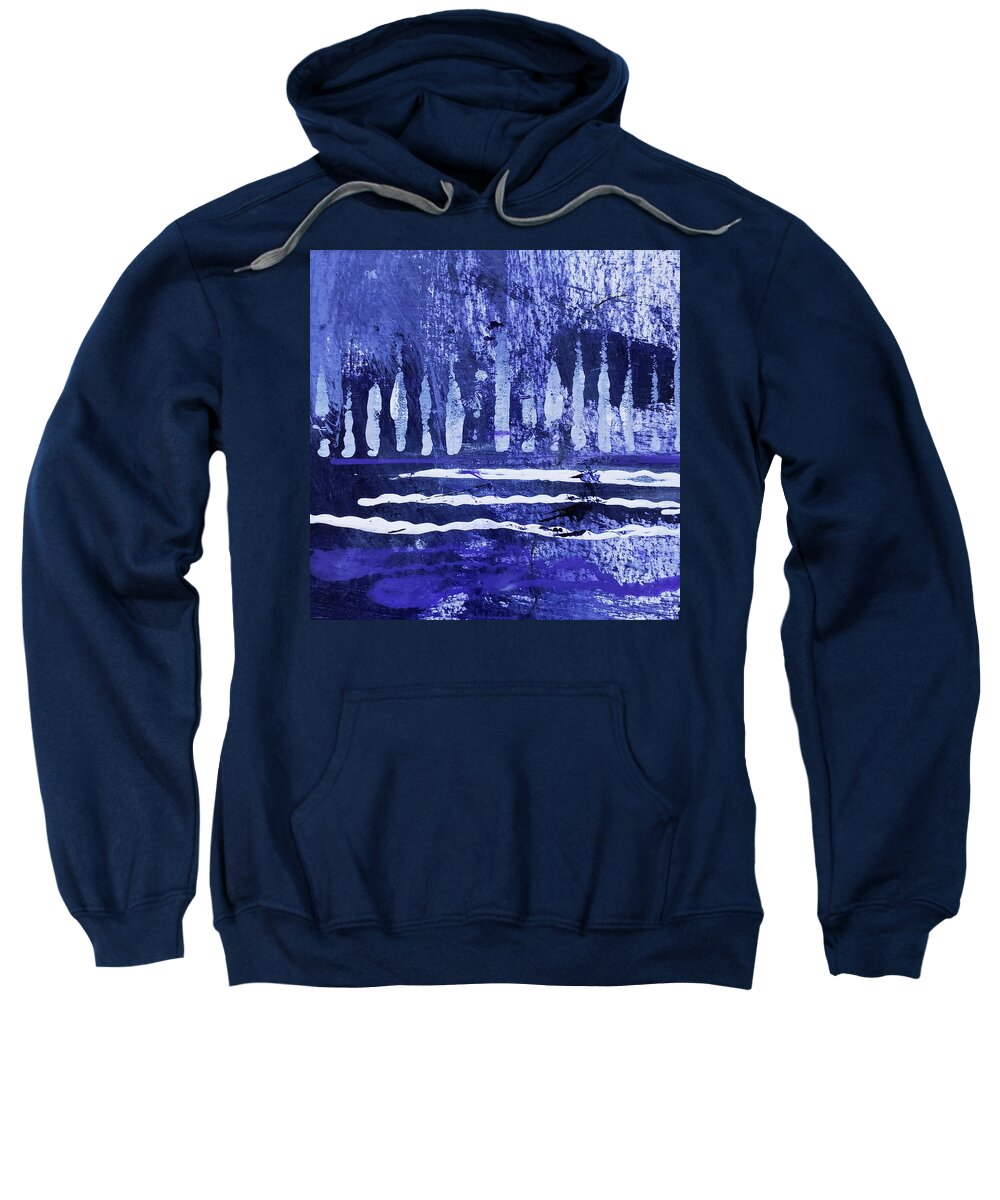 Indigo Sweatshirt featuring the painting TREES ON THE RIVERBANK Blue White Abstract Painting by Lynnie Lang