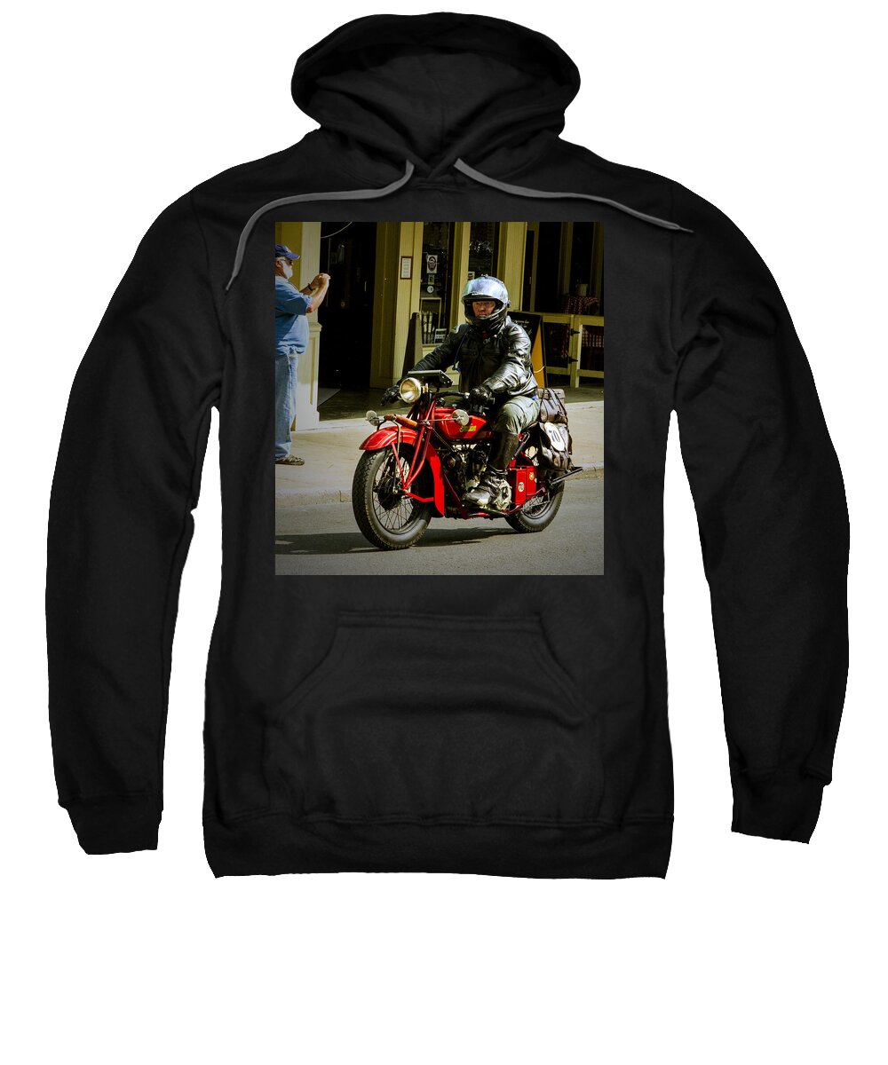 Cannonball Motorcycle Sweatshirt featuring the photograph # 70 rolls in to Cape G'. by Jeff Kurtz