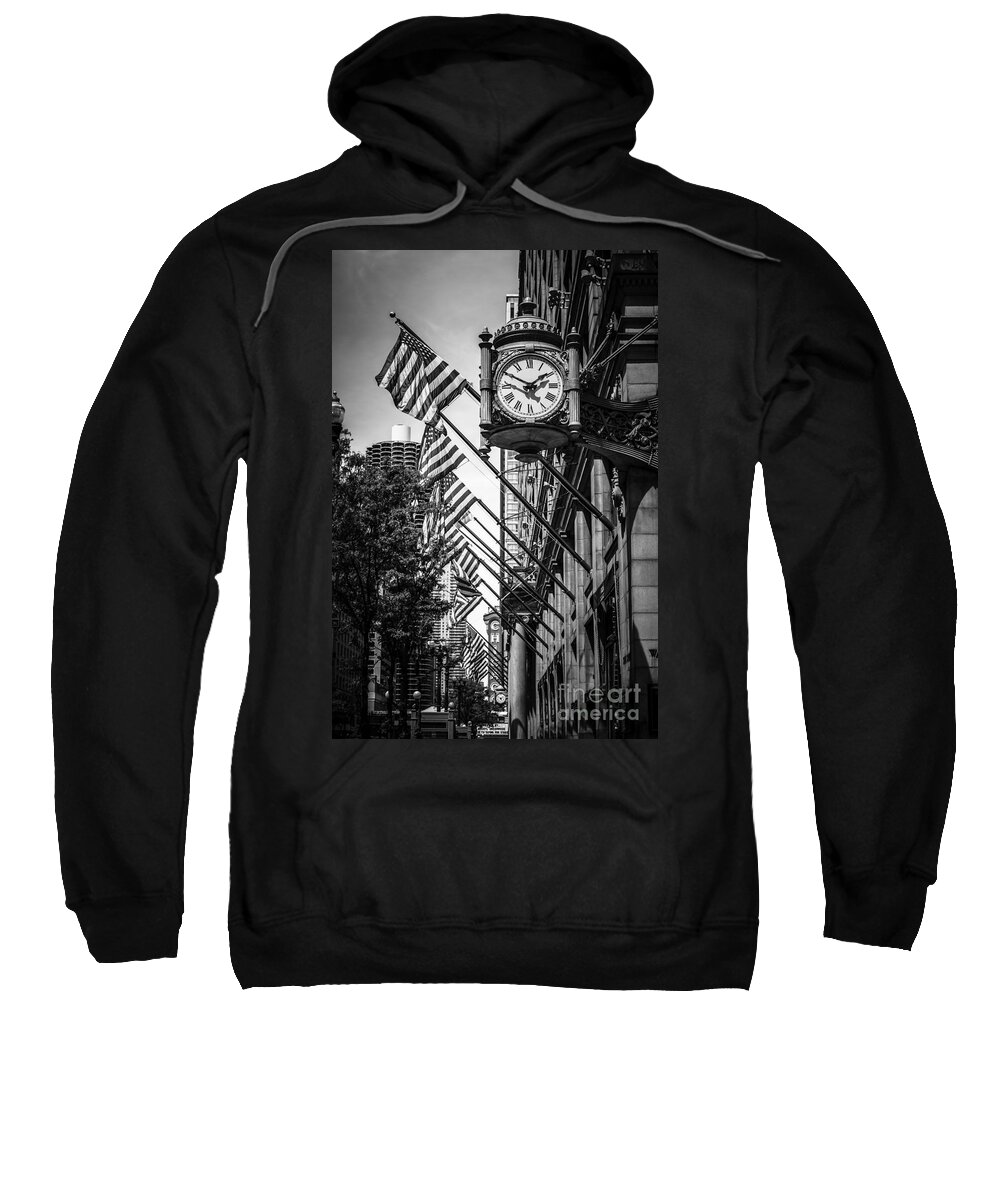 America Sweatshirt featuring the photograph Chicago Macy's Clock in Black and White by Paul Velgos