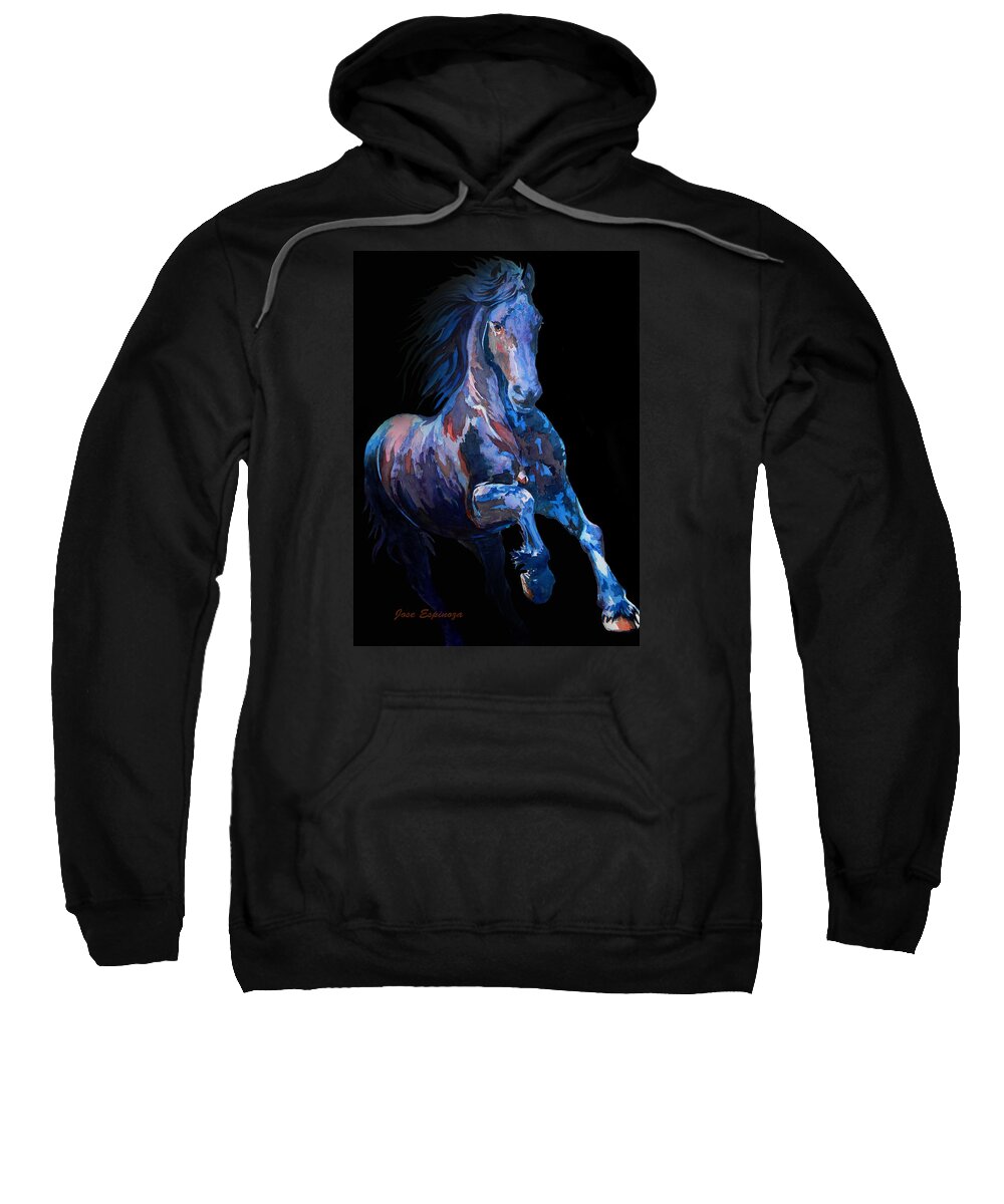Iridescent Black Horse Sweatshirt featuring the painting F  I  R  E   B  L  U  E   by J U A N - O A X A C A