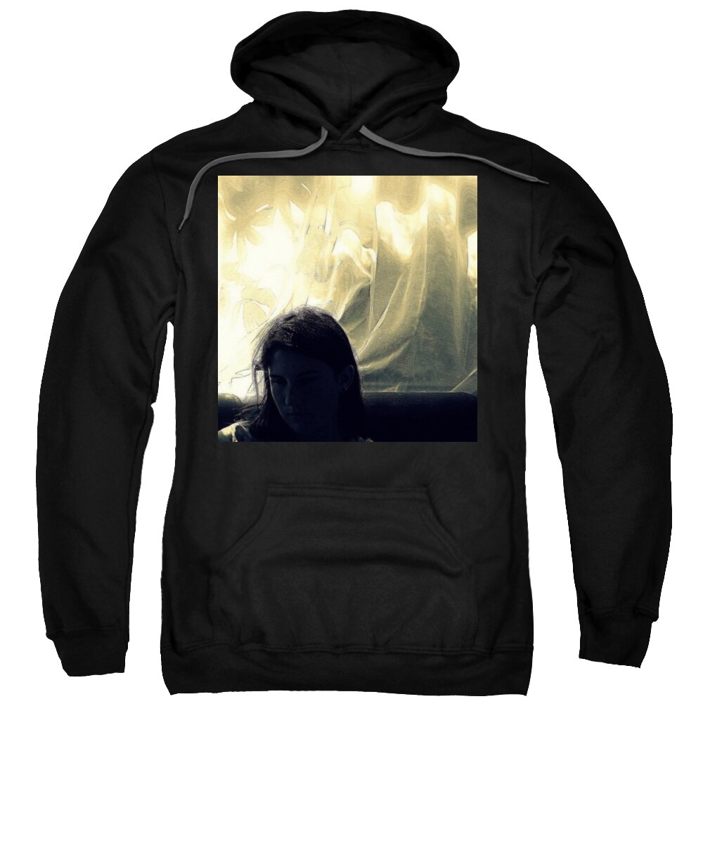 Girl Sweatshirt featuring the photograph Blue Girl with Curtain by Marysue Ryan