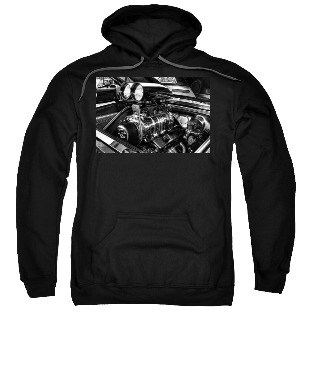 Chevy Blower Motor Sweatshirt featuring the photograph Chevy Supercharger Motor Black and White by Jonathan Davison