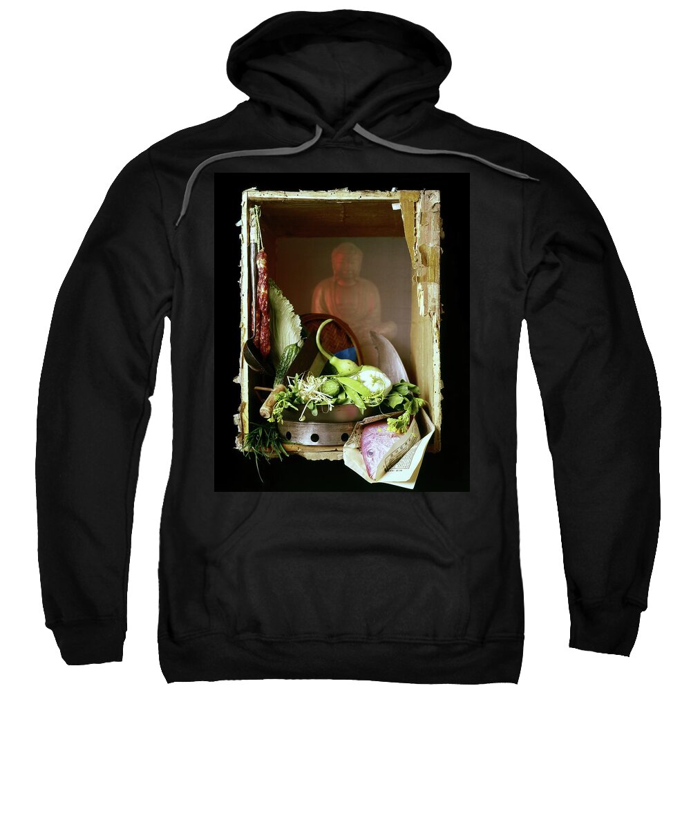 Still Life Sweatshirt featuring the photograph Chinese Statue With Cooking Items by Fotiades