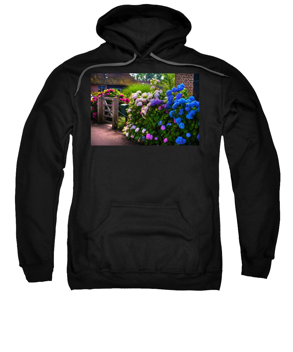 Netherlands Sweatshirt featuring the photograph Colorful Hydrangea at the Gate. Giethoorn. Netherlands by Jenny Rainbow