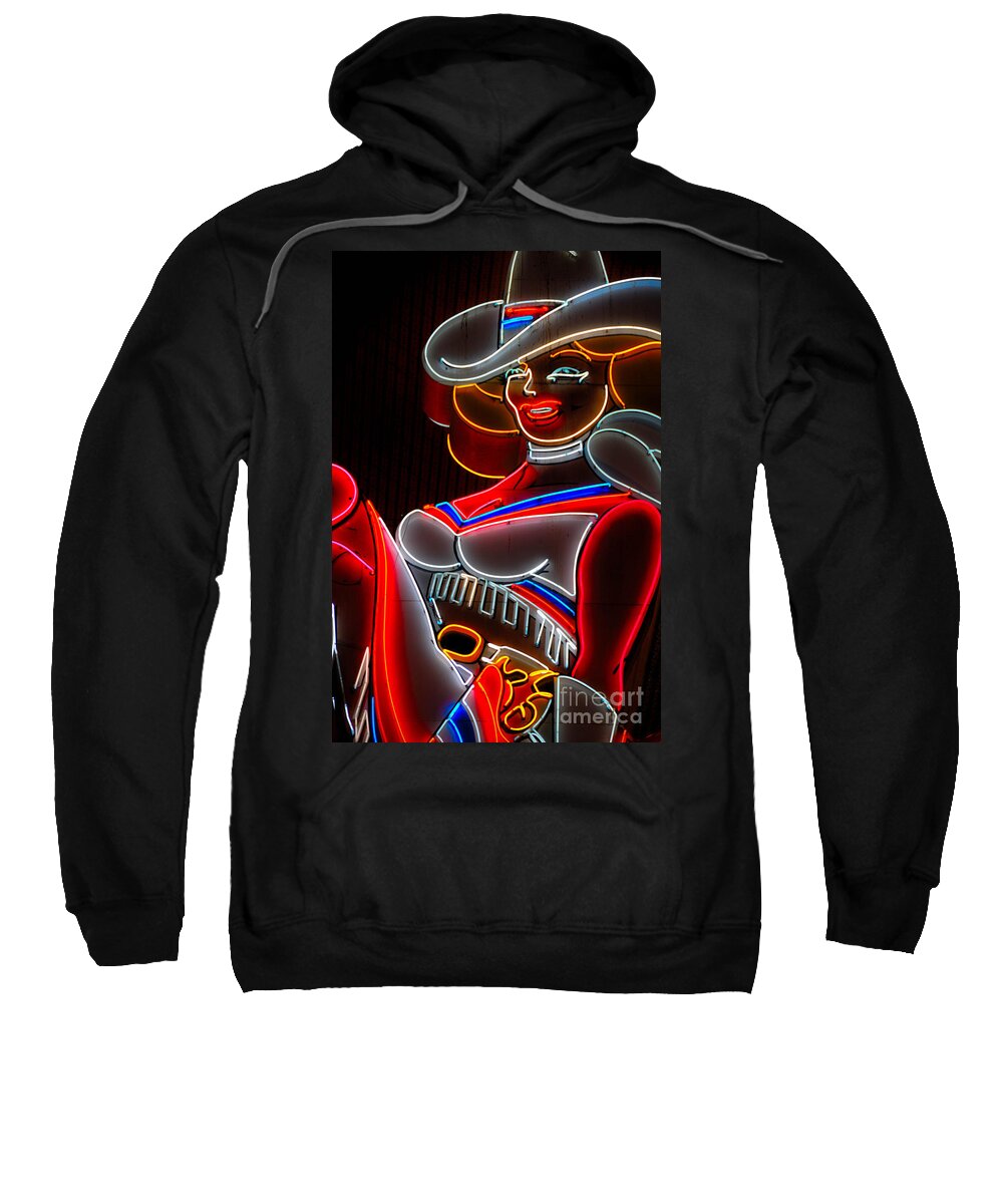Cow Girl Sweatshirt featuring the photograph Cowgirl Neon Sign Fremont Street Las Vegas by Amy Cicconi