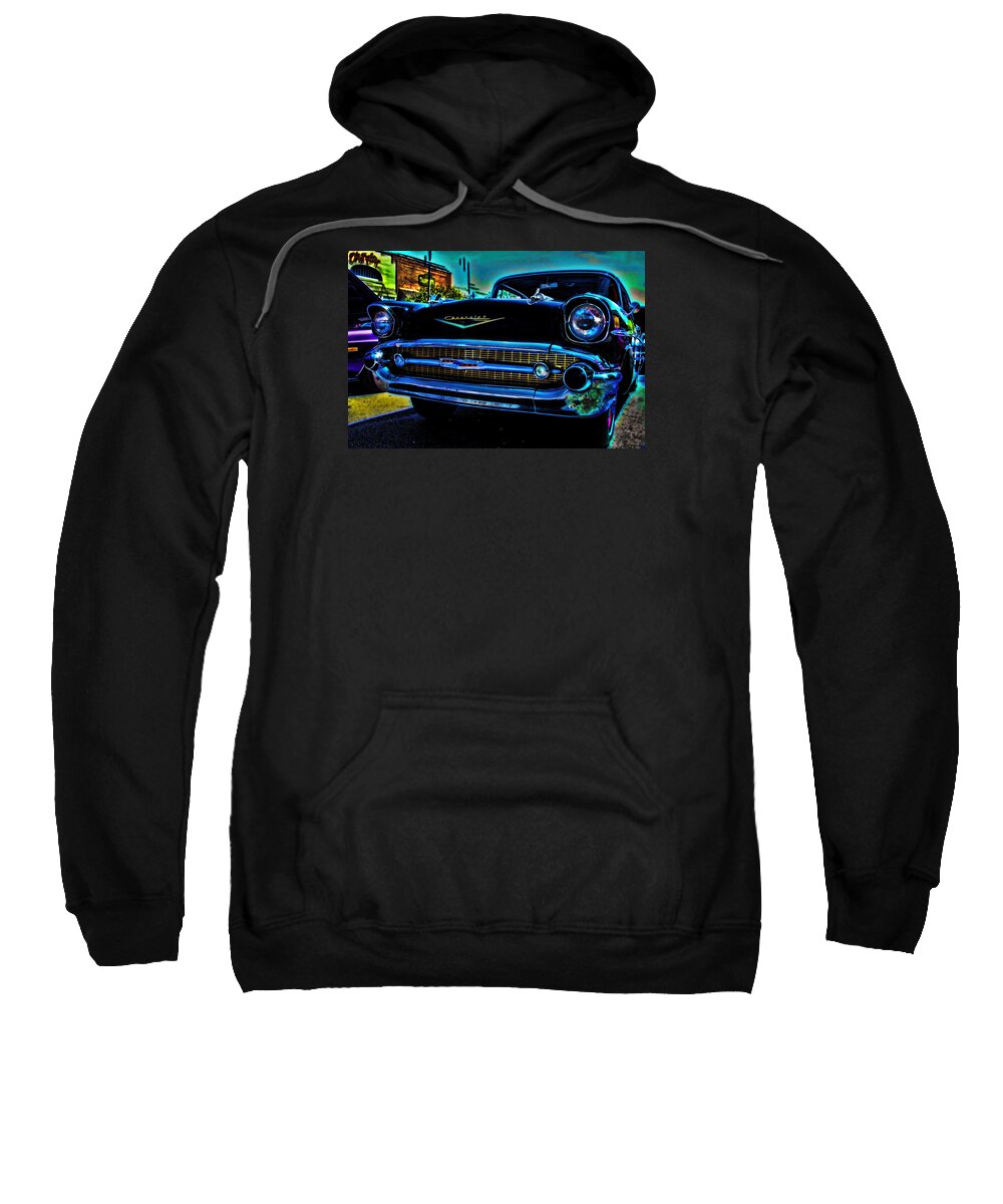 1957 Chevrolet Sweatshirt featuring the mixed media Drive In Special by Lesa Fine