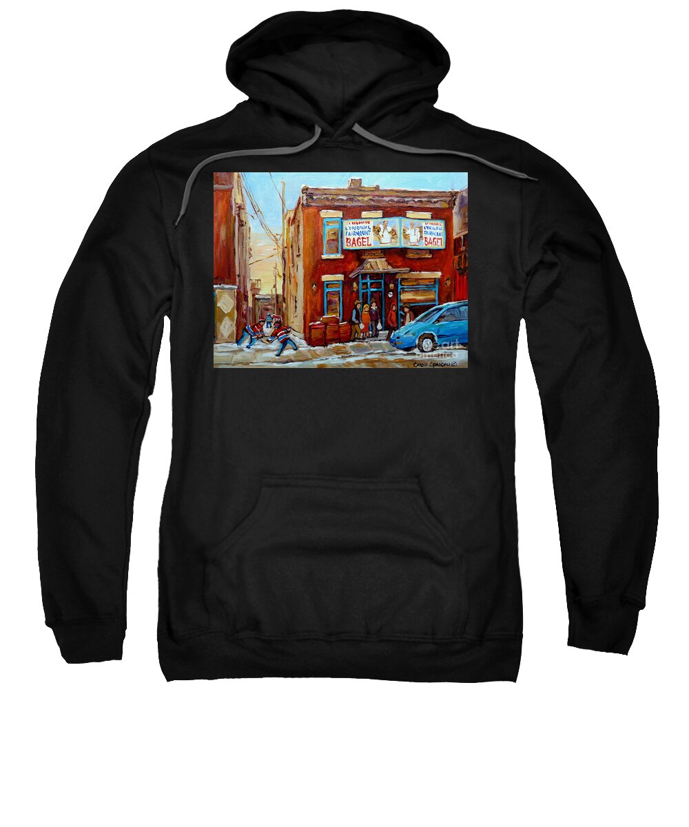 Montreal Sweatshirt featuring the painting Fairmount Bagel In Winter Montreal City Scene by Carole Spandau