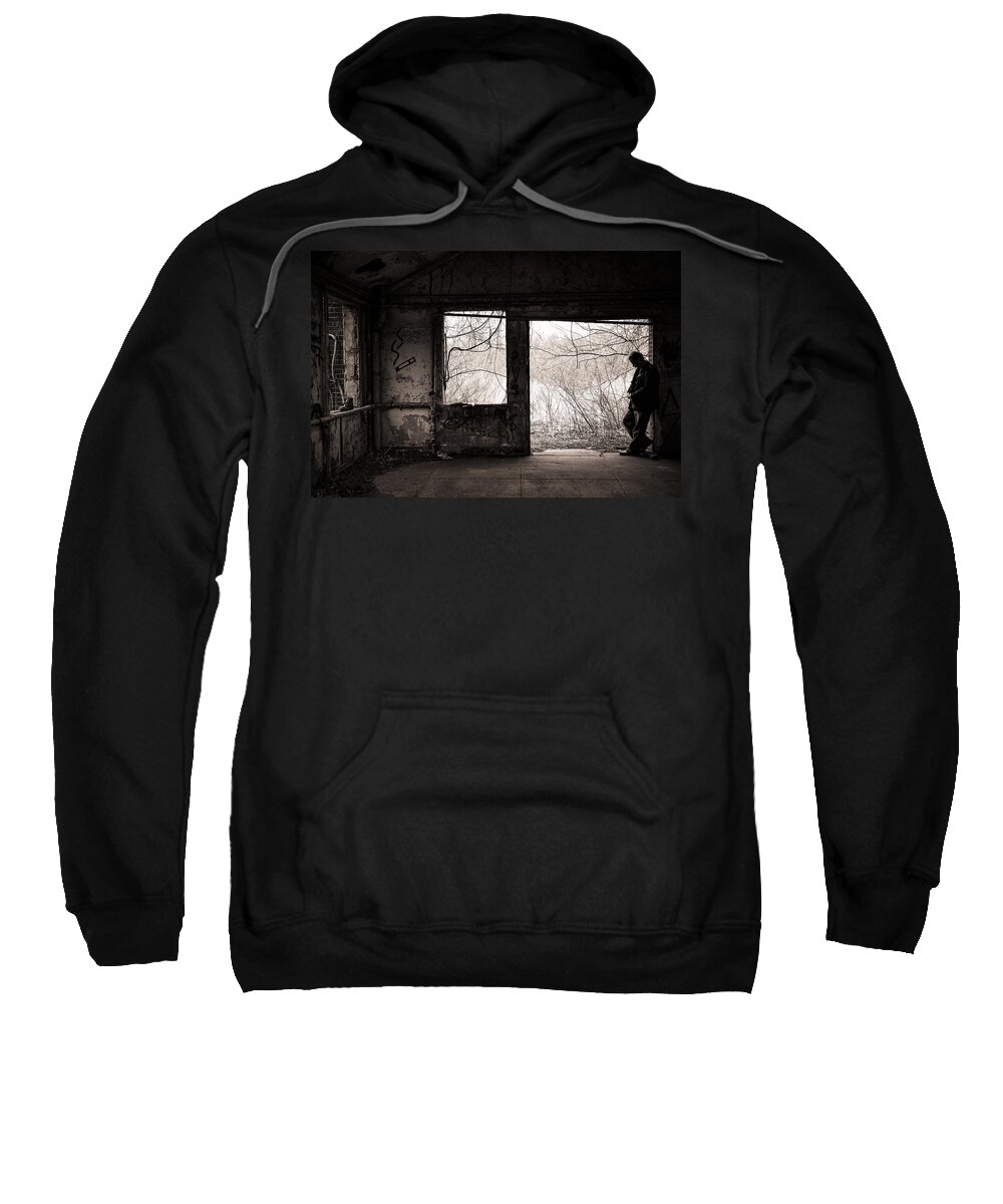 Abandoned Sweatshirt featuring the photograph February - Comfortable Seclusion - Self Portrait by Gary Heller